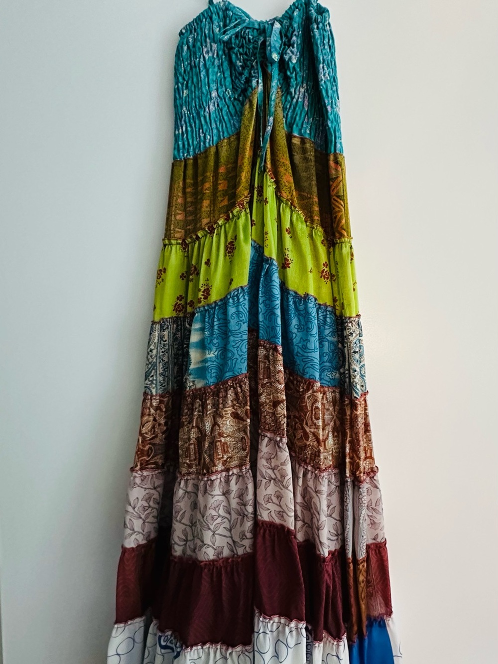 Studio Boho Tiered Silk Maxi Skirt in Teal, Lime, Blue & Brown